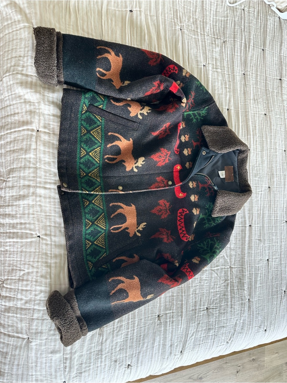 Pendleton Black Wool Zip-Up Jacket with Brown Trim and Multicolor Moose Pattern